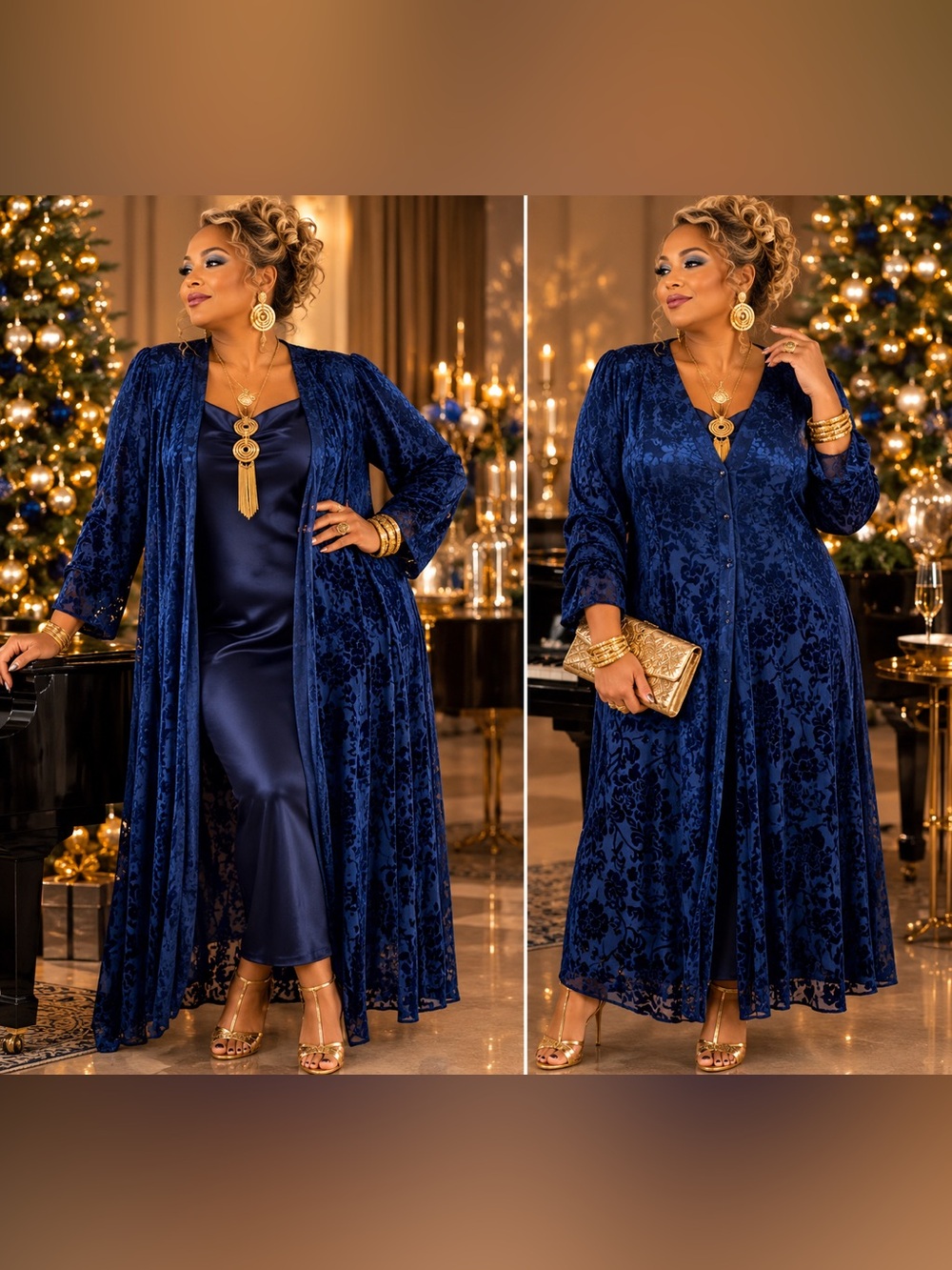 Vintage Onyx Nite by Wendye Chaitin Blue Velvet Duster Camisole Set Size 20